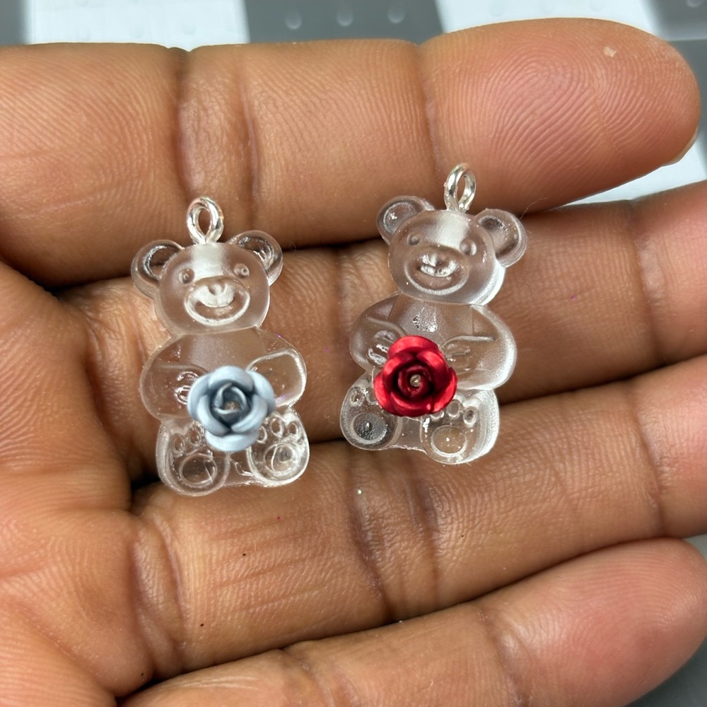 Crystal Bear Charms with Red and Silver Rose Accent